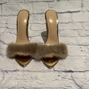 Women's Fur Fluffy Mules Slip On High Heels Sandals Rose Gold Size 7